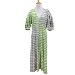 Topshop Dress Women 12 Plaid Contrast Checked Short Puff Sleeves Gauzy Midi